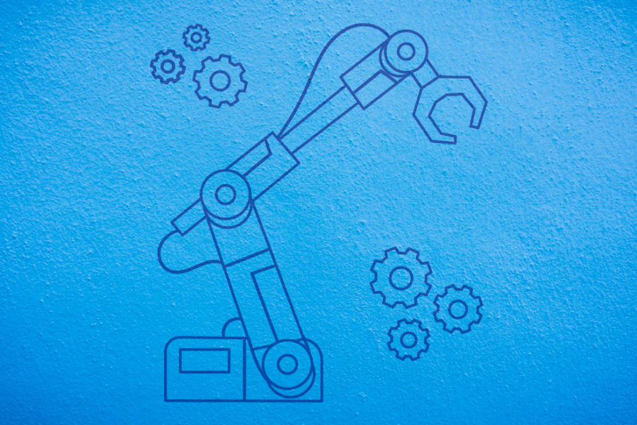 Outline of crane and gears on blue background. Programs for Scouts - Scouts BSA Robotics Workshop